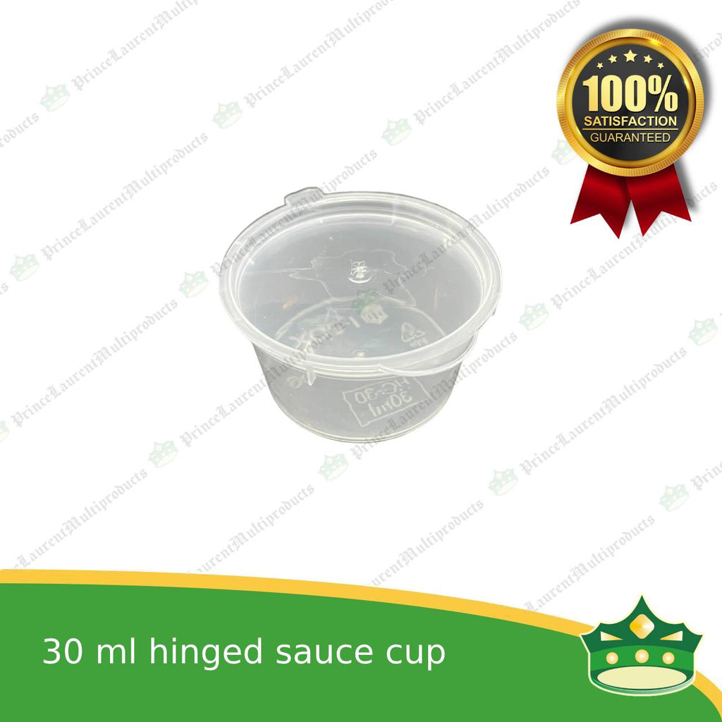 [50 pcs] 30 ml hinged sauce cup clear microwavable plastic with attached lid for take out of sauce gravy specimen / sample cup