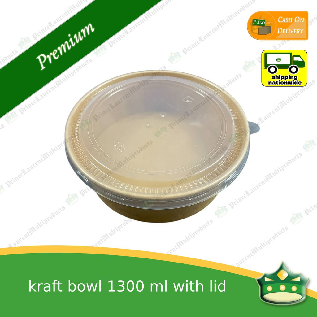 [50 pcs] kraft bowl with lid 1300cc laminated wide mouth for salad, rice meal, other food products