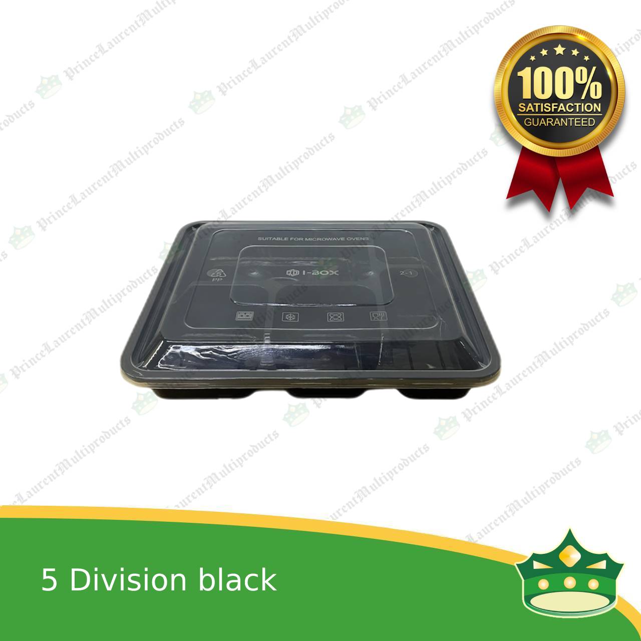 [150 pcs] iBox brand 5 division microwavable bento boxes black body clear cover for food packs & catering events parties meetings & many more