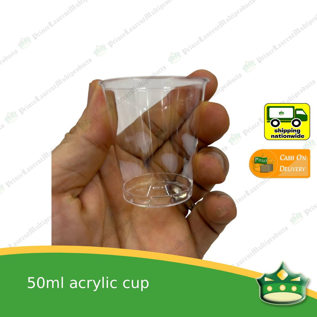 [50 pcs] acrylic cup 50ml for shots or testers, clear, stackable, disposable, 50ml capacity, suitable for serving shots or testers, kitchen or bar scene.