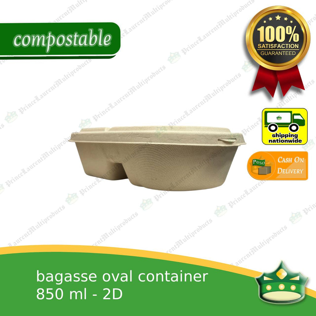 [50 pcs] bagasse 2D oval 850ml container with lid compostable biodegradable take away box