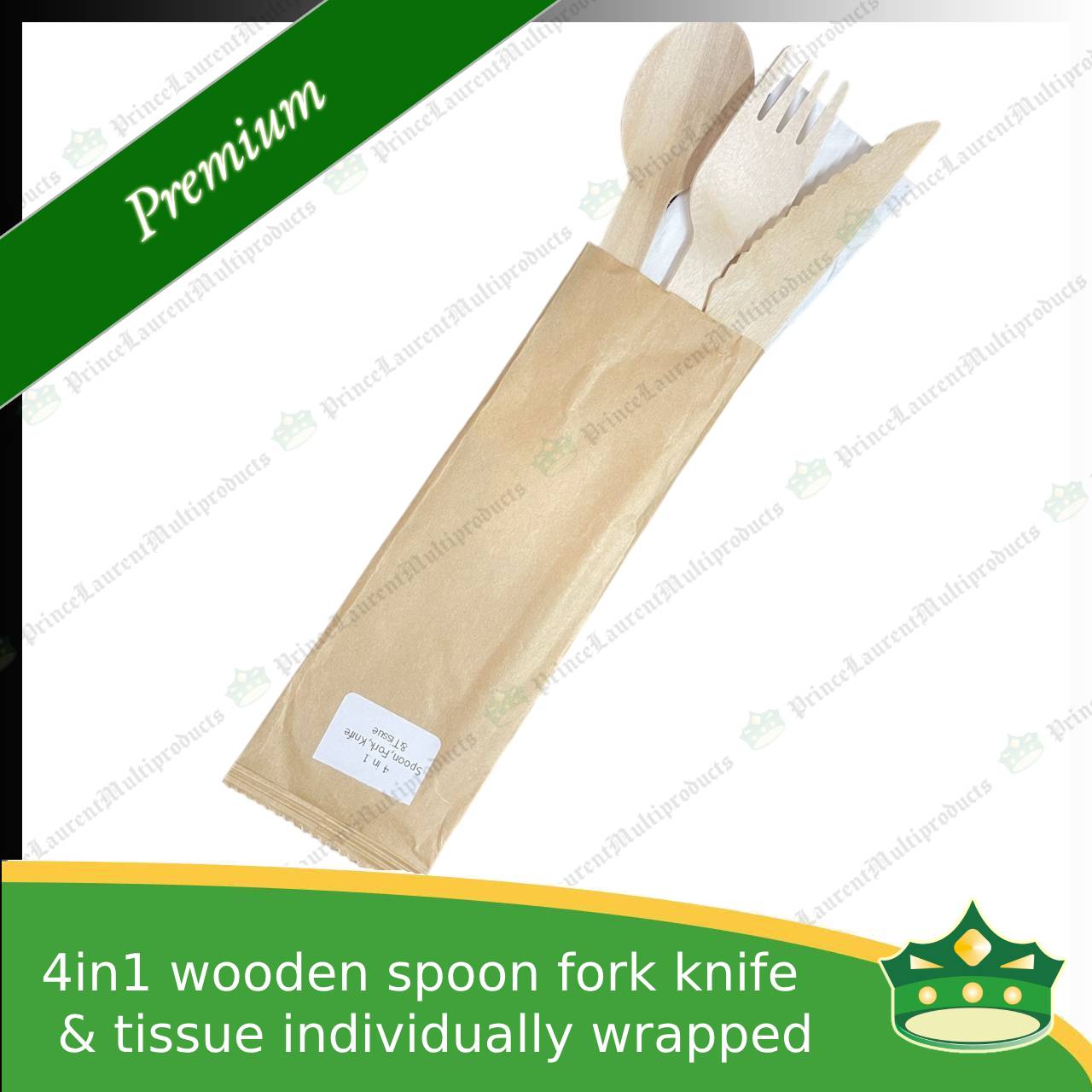 [50 sets] 4in1 wooden spoon fork knife & table napkin paper wrapped set for easy on the go disposable cutleries