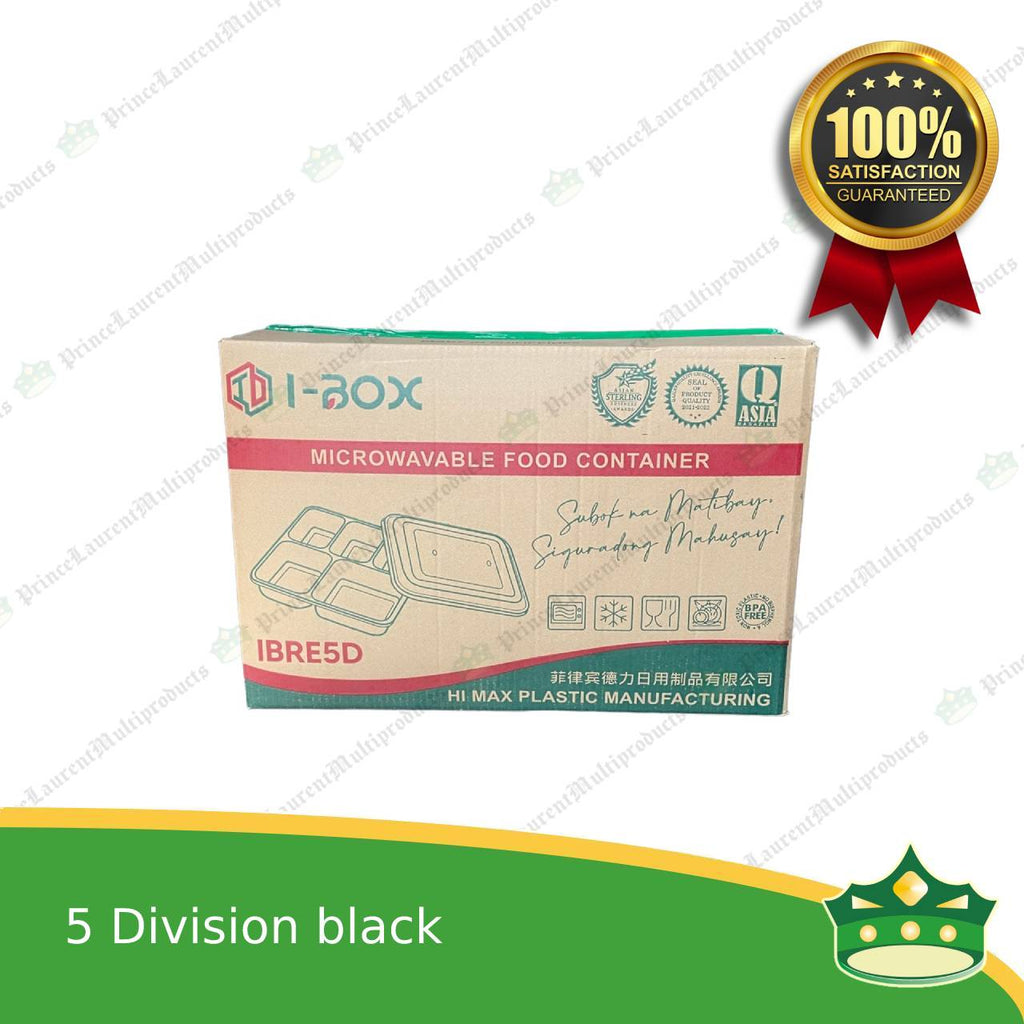 [150 pcs] iBox brand 5 division microwavable bento boxes black body clear cover for food packs & catering events parties meetings & many more