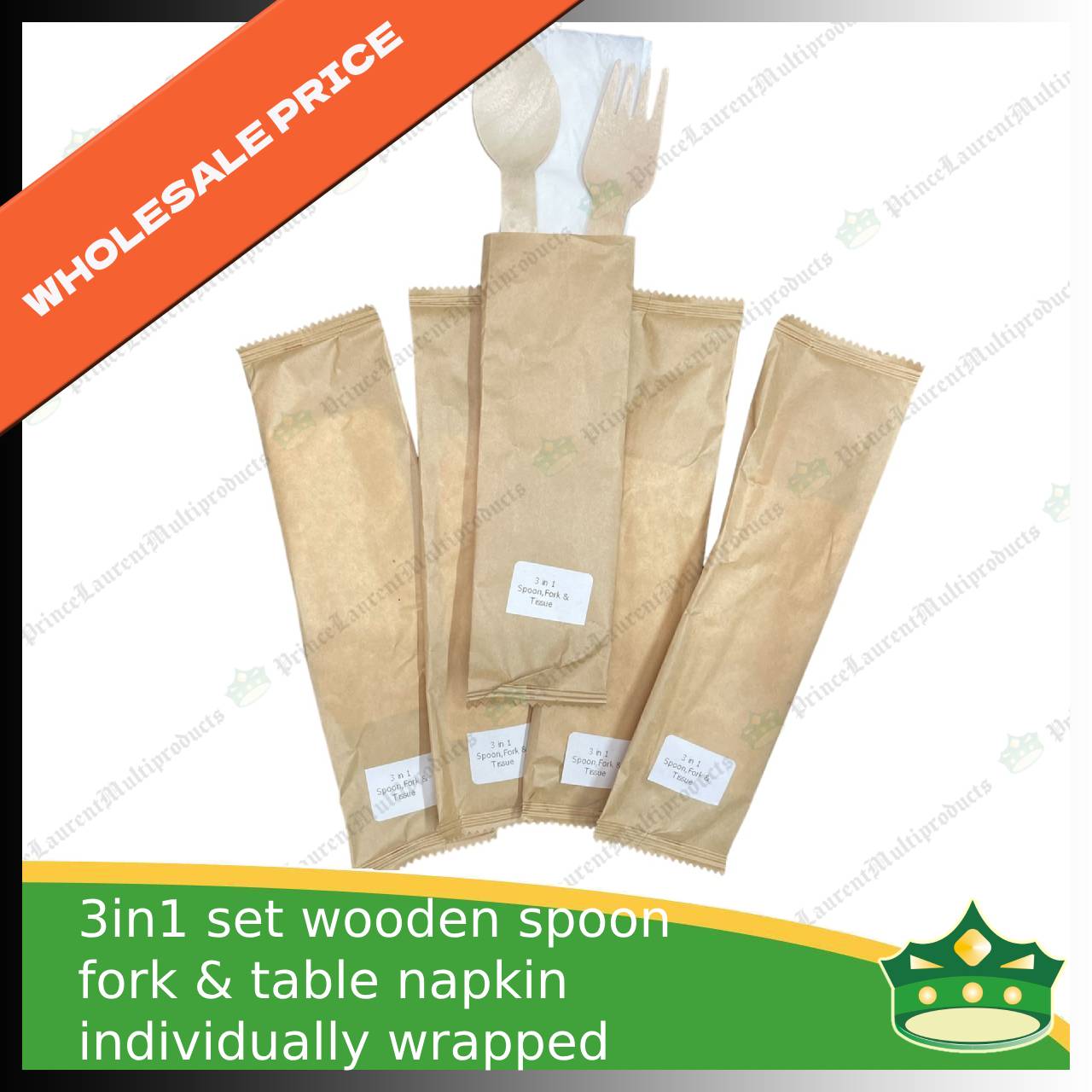 [1 case] 3in1 wooden spoon fork & table napkin paper wrapped set for easy on the go disposable cutleries