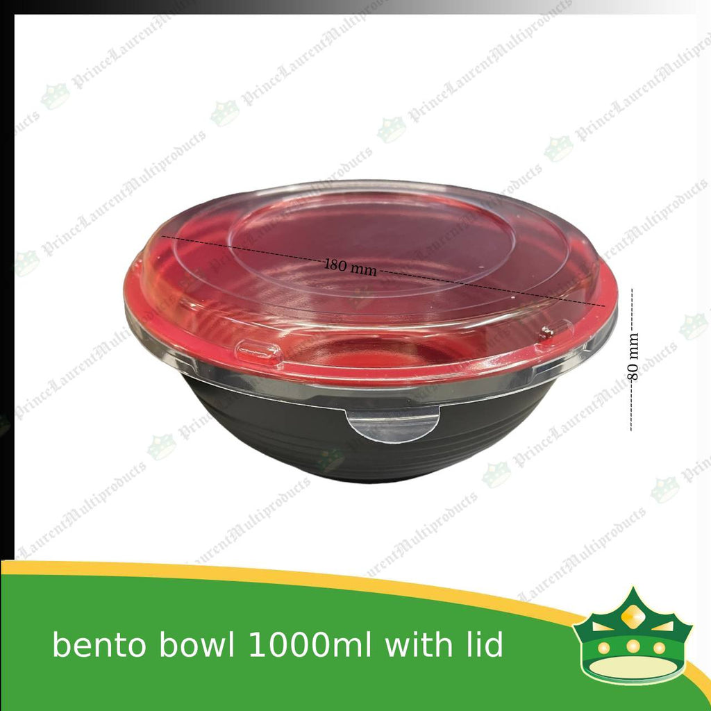 [50 pcs] ramen bowl bento bowl 1000ml red and black bottom with clear lid for noodles ramen