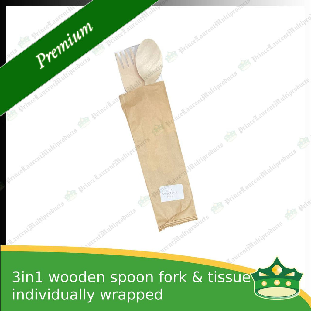 [50 sets] 3in1 wooden spoon fork & table napkin paper wrapped set for easy on the go disposable cutleries