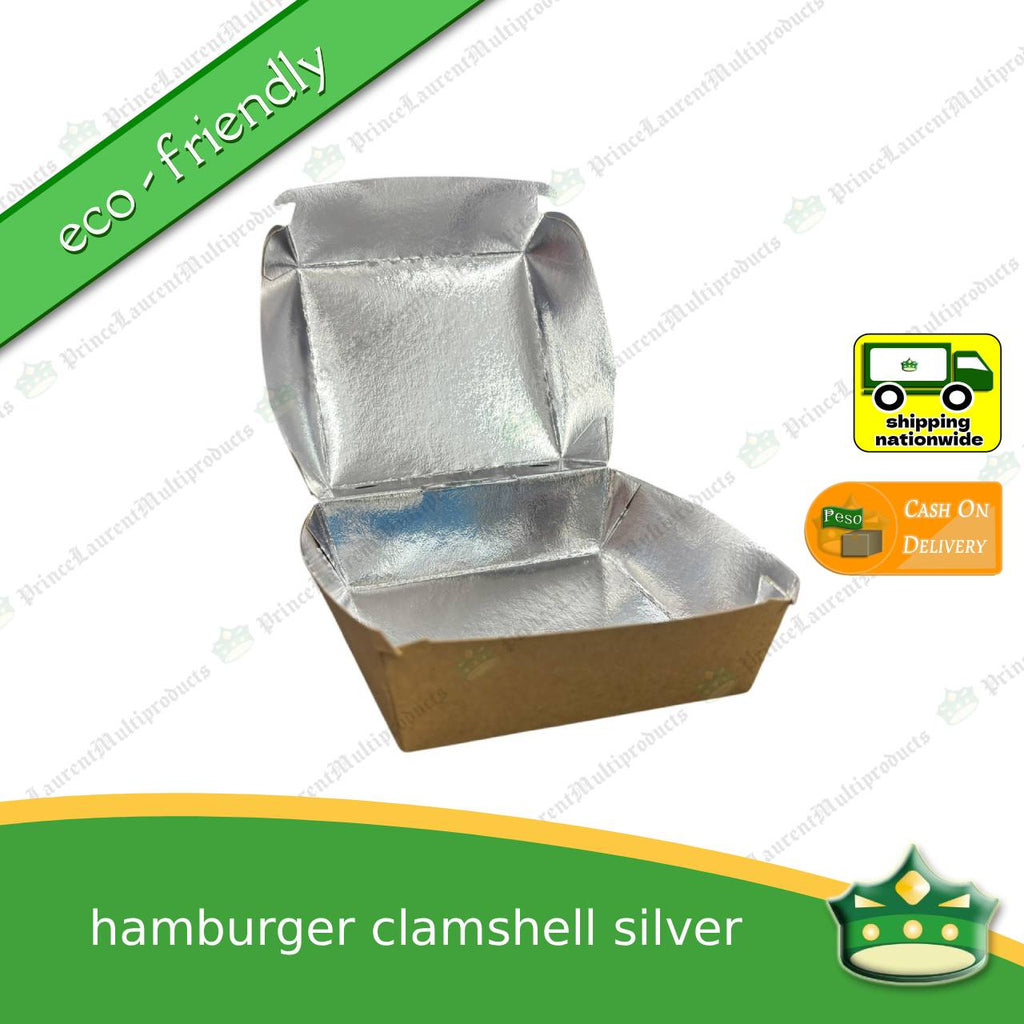 [50 pcs] Kraft silver laminated leak proof hamburger clamshell box for take-out meals, packed meals, rice toppings, noodles, pansit, merienda, ulam viands, siopao, small meals. Eco-friendly