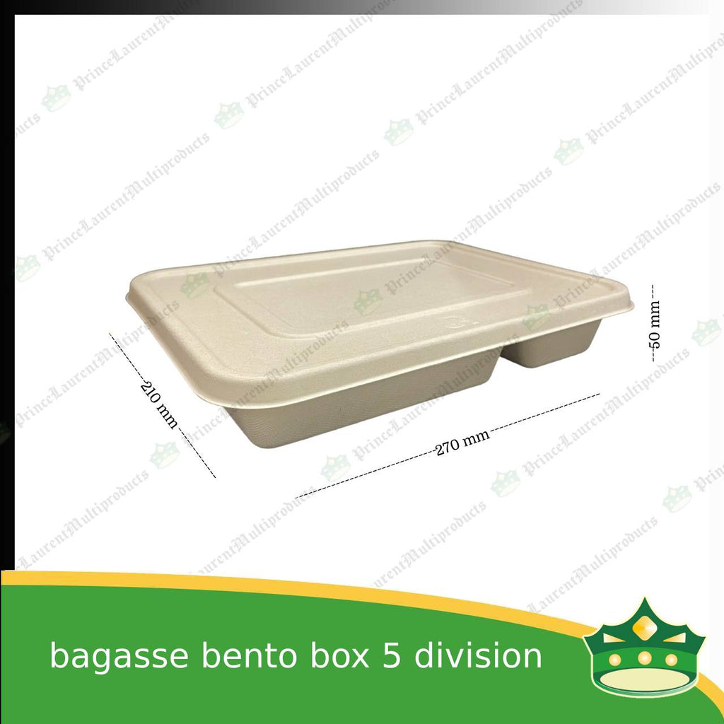 [50 pcs] bagasse bento box 5 division with lid for eco-friendly alternative on food take-outs, packed meals