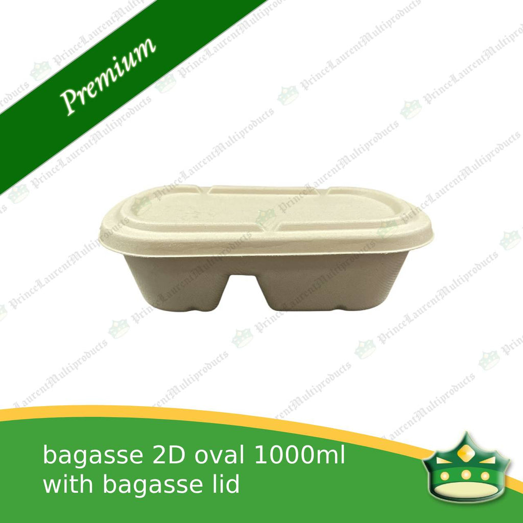 [50 pcs] bagasse 2D oval 1000ml container with lid for compostable biodegradable take away boxes