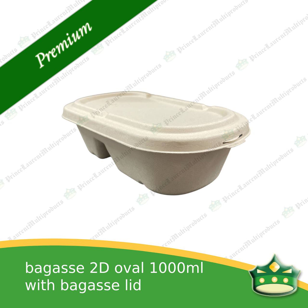 [50 pcs] bagasse 2D oval 1000ml container with lid for compostable biodegradable take away boxes