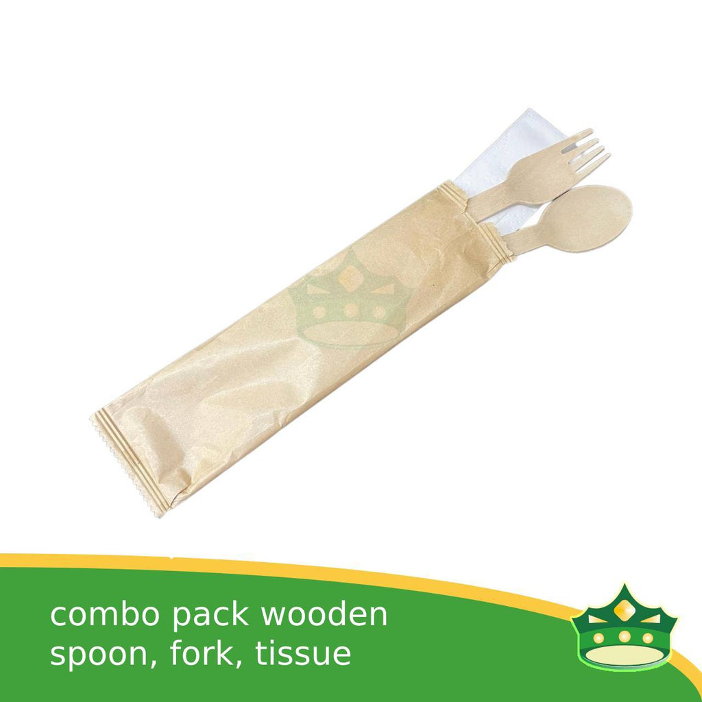 [50 pcs] wooden spoon fork & napkin paper wrapped set for easy on the go disposable cutleries