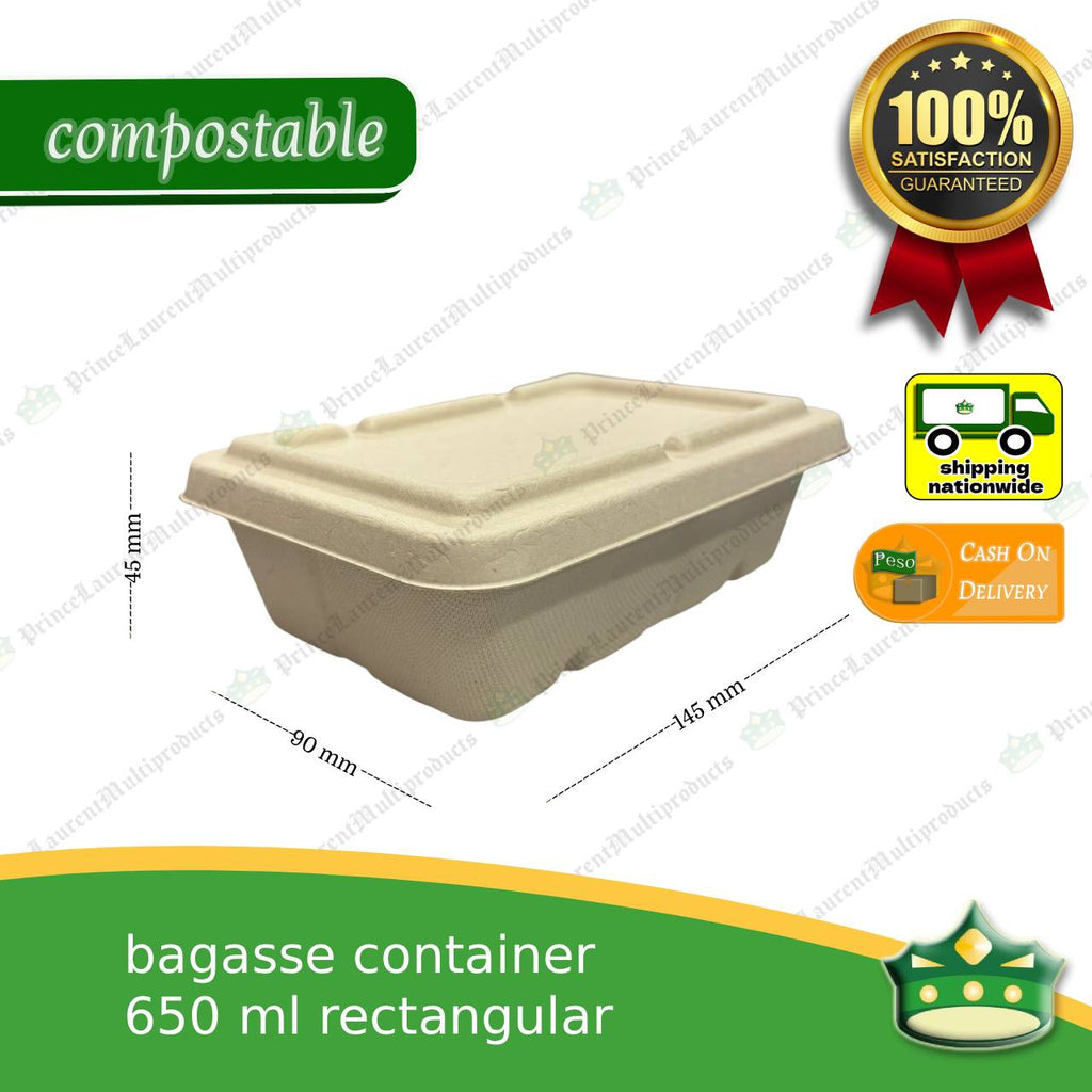 [50 pcs] bagasse rectangular container with lid 650ml, biodegradable, eco-friendly, disposable, kitchen use, household supplies.