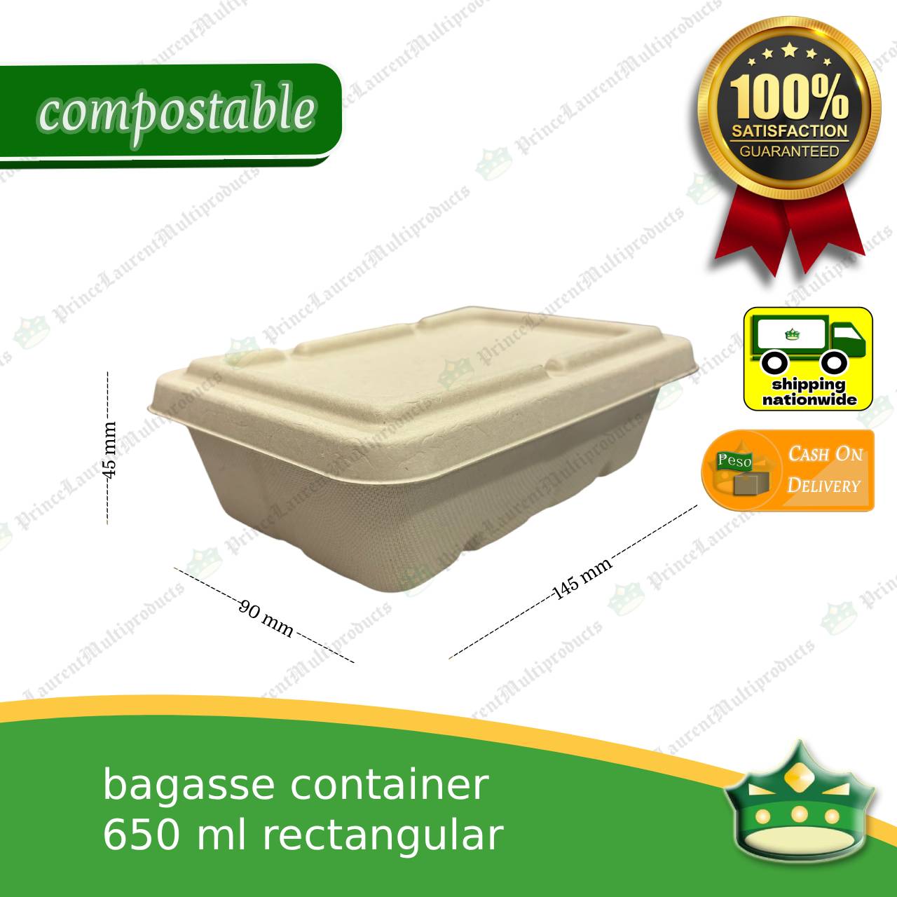 [50 pcs] bagasse rectangular container with lid 650ml, biodegradable, eco-friendly, disposable, kitchen use, household supplies.