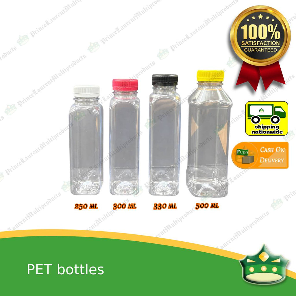 [1 pack] square PET bottles with black cap (250, 300, 330 & 500ml) as juice beverage or liquid container