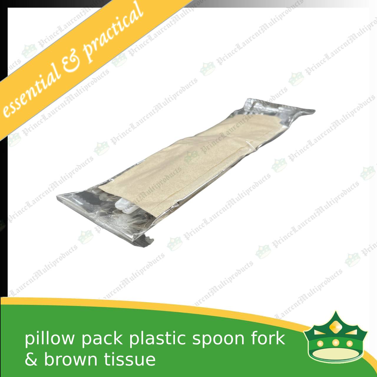 [25 sets] 3in1 plastic spoon fork & brown table napkin plastic pillow wrapped set for easy on the go disposable cutleries