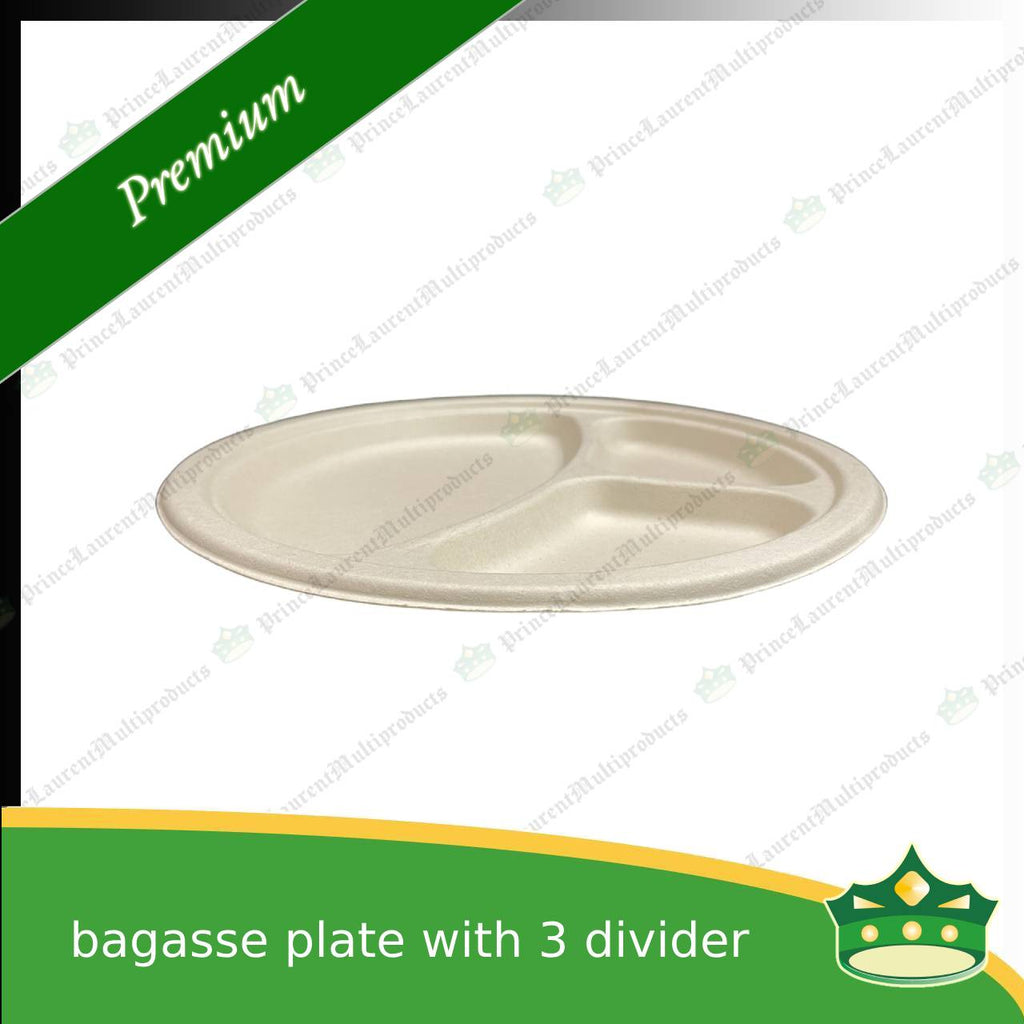 [50 pcs] bagasse 10 inch serving plate with 3 compartment compostable biodegradable plate for caterings and parties