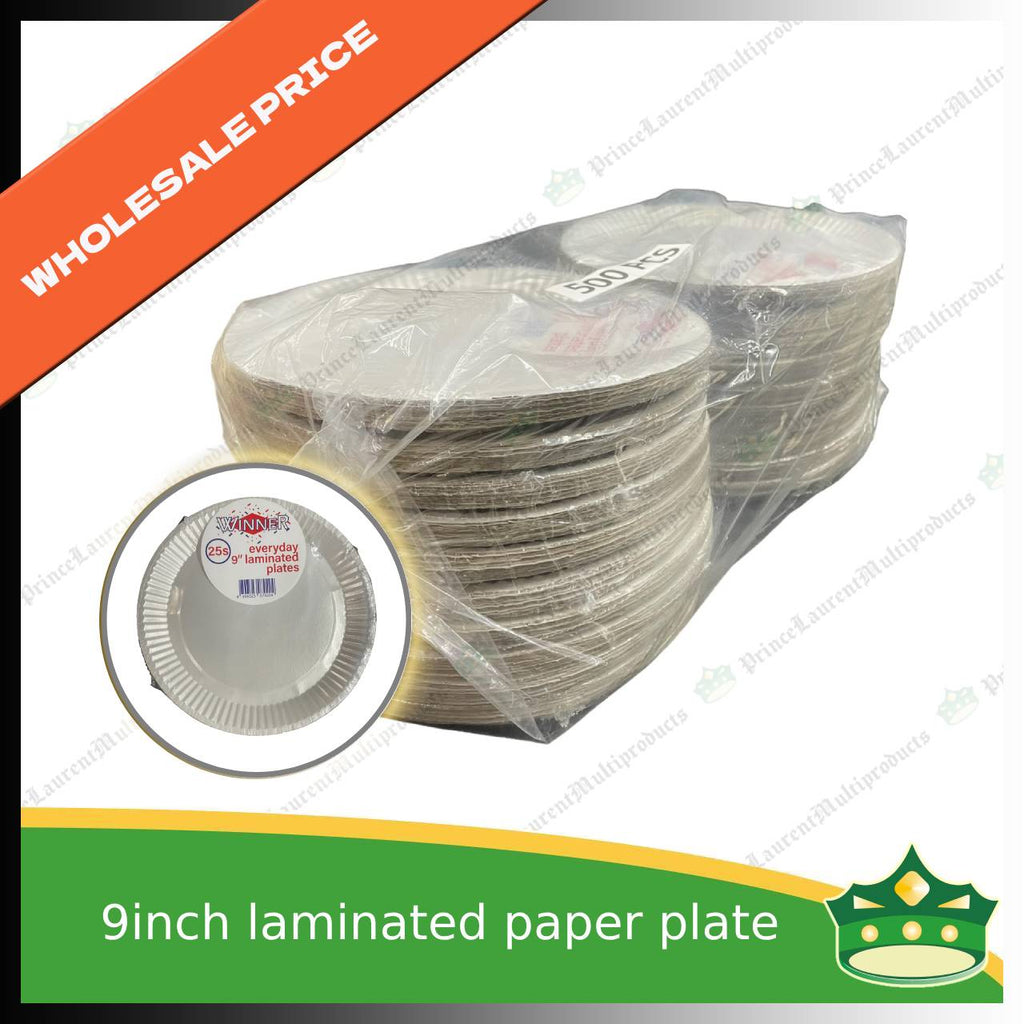 [500 pcs] 9 inch paper plate white LAMINATED use as disposable serving dish for all occasions