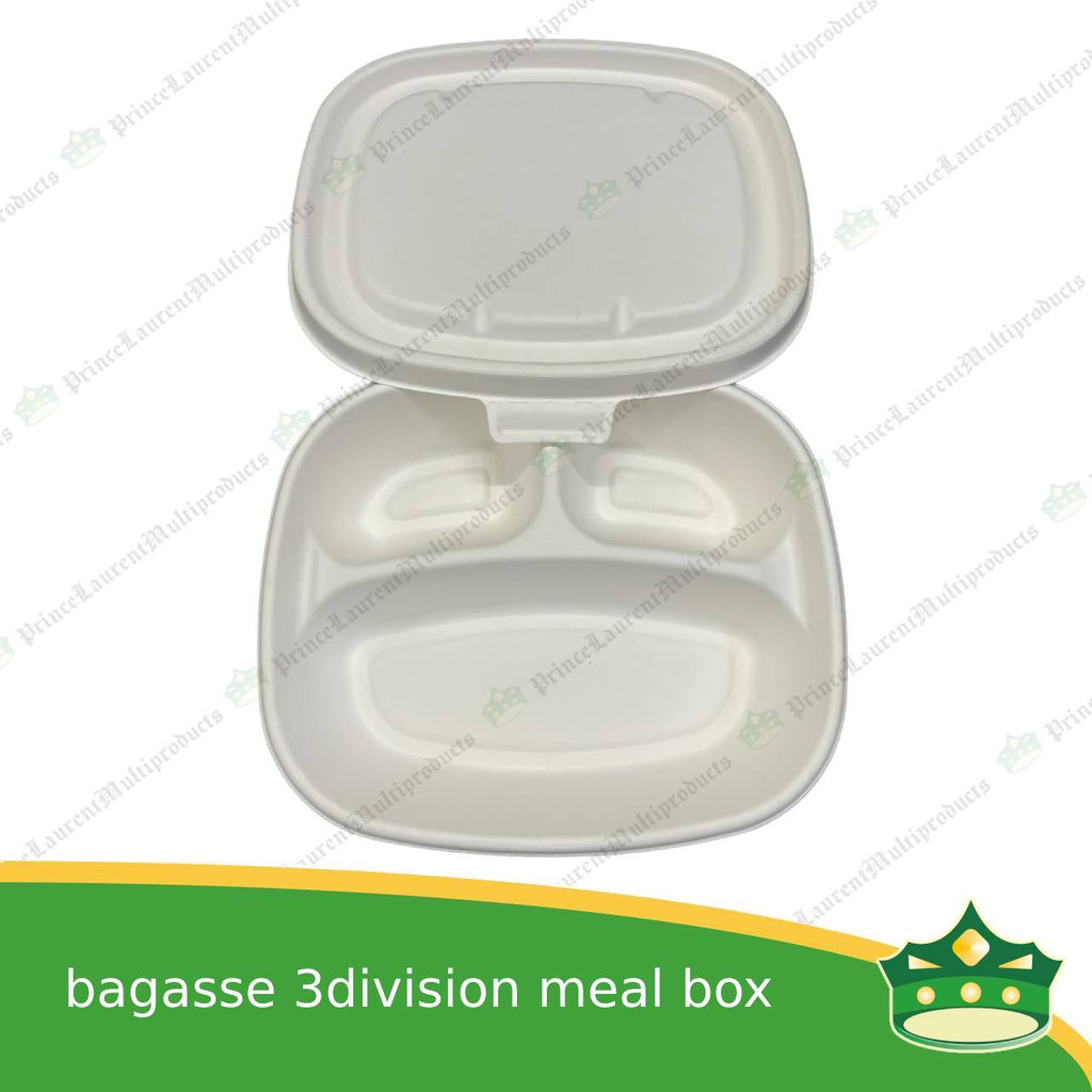 [50 pcs] bagasse 3 compartment meal box with bagasse lid paper take out food box compostable biodegradable take away boxes with divider for meals, rice toppings, catering food