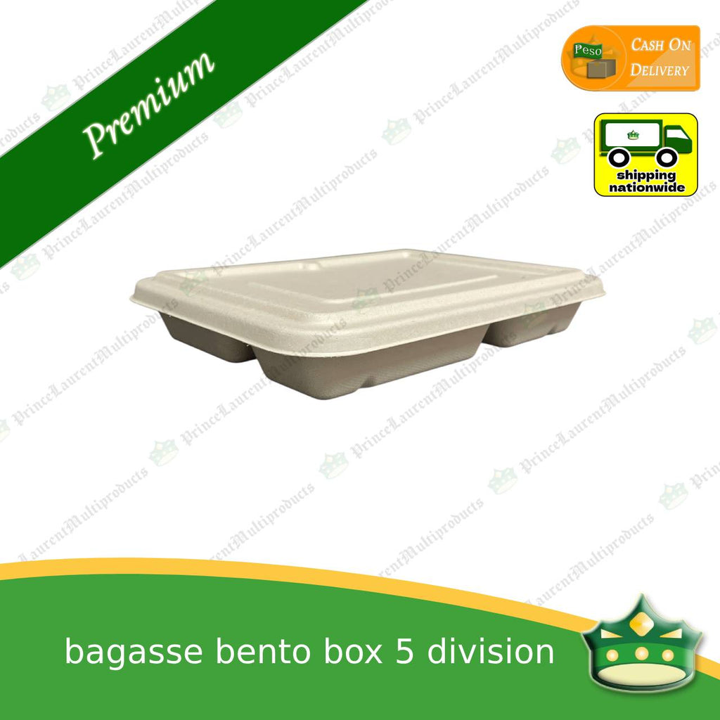 [50 pcs] bagasse bento box 5 division with lid for eco-friendly alternative on food take-outs, packed meals