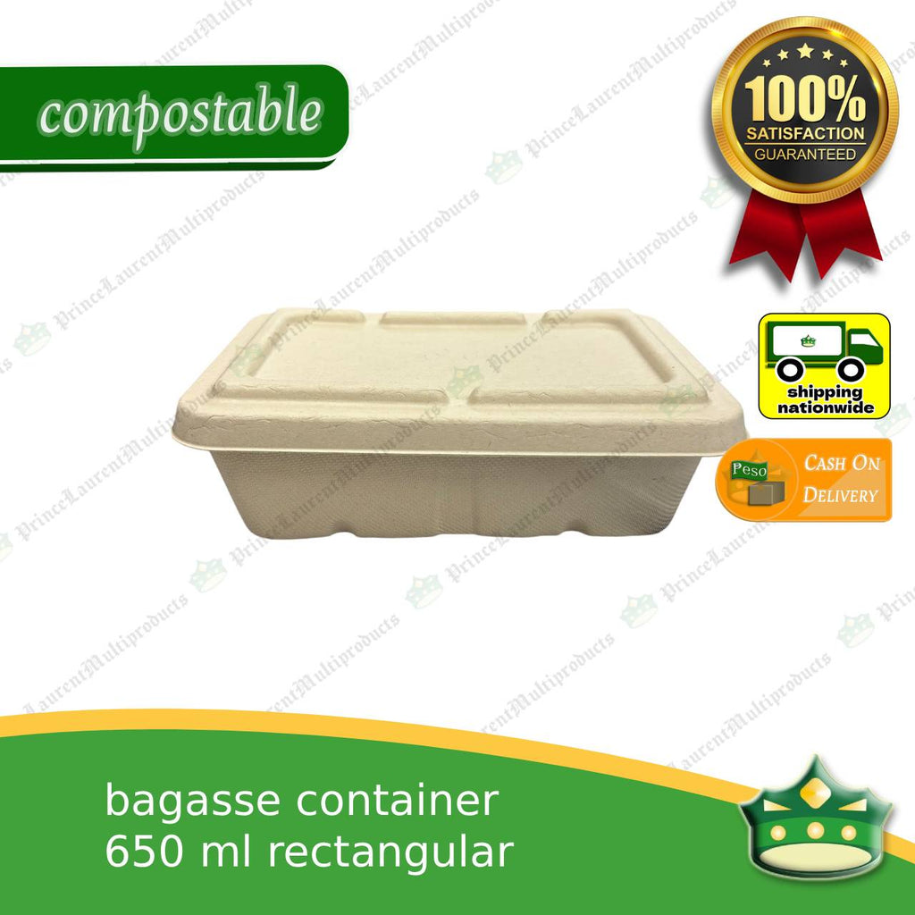 [50 pcs] bagasse rectangular container with lid 650ml, biodegradable, eco-friendly, disposable, kitchen use, household supplies.