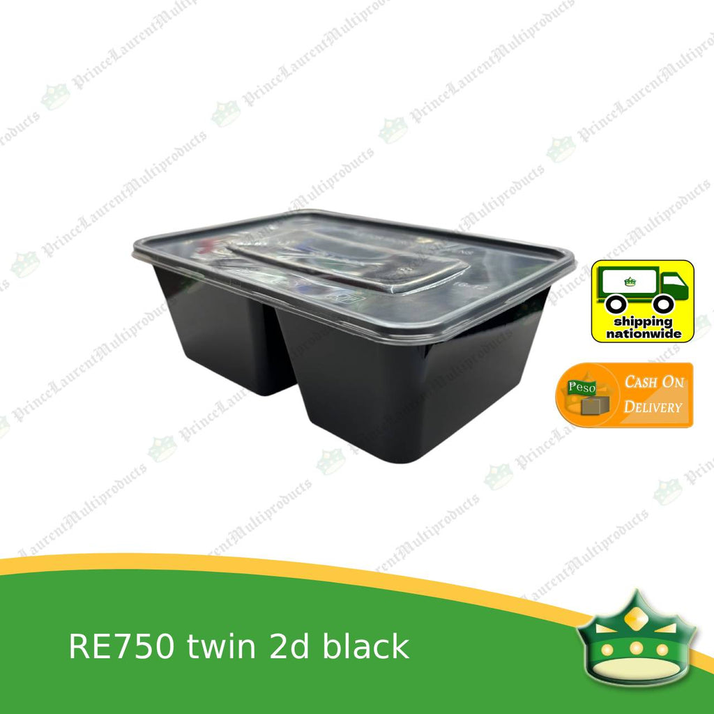 [50 pcs] re750 twin 2d BLACK microwavable container for packed meals, rice meal, packed lunch