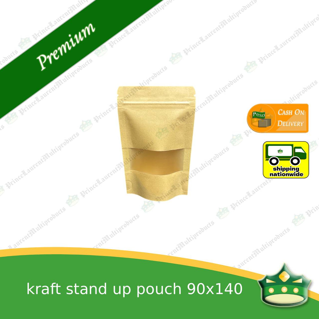 [100 pcs] standup pouch with ziplock kraft with window 90 x 140 mm for repacking corn, peanuts, anchovies dilis, nuts, sweets, sampaloc, chicharon, snacks, baked goodies