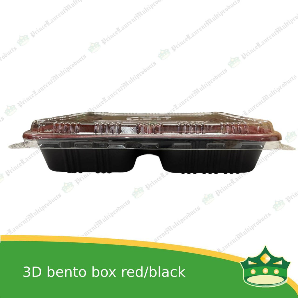 [50 pcs] Japanese bento box 3 division red and black bottom with clear lid for bento meals food packs rice fruits desserts viands combination meals