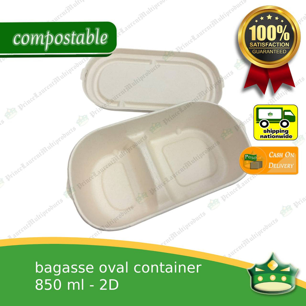 [50 pcs] bagasse 2D oval 850ml container with lid compostable biodegradable take away box