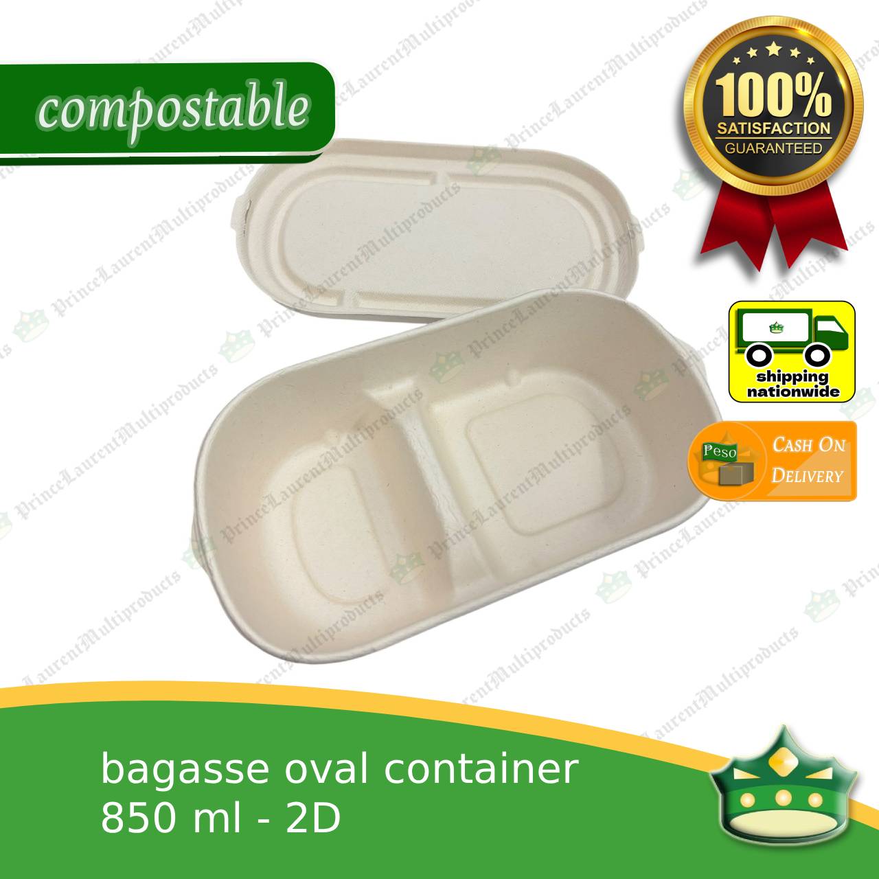 [50 pcs] bagasse 2D oval 850ml container with lid compostable biodegradable take away box
