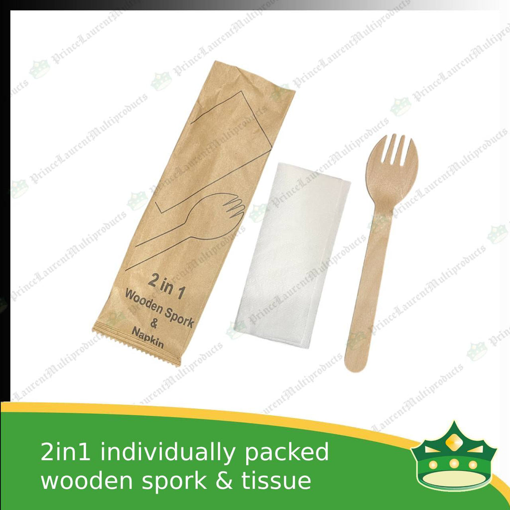 [50 sets] 2in1 wooden spork & table napkin paper wrapped set for easy on the go disposable cutleries