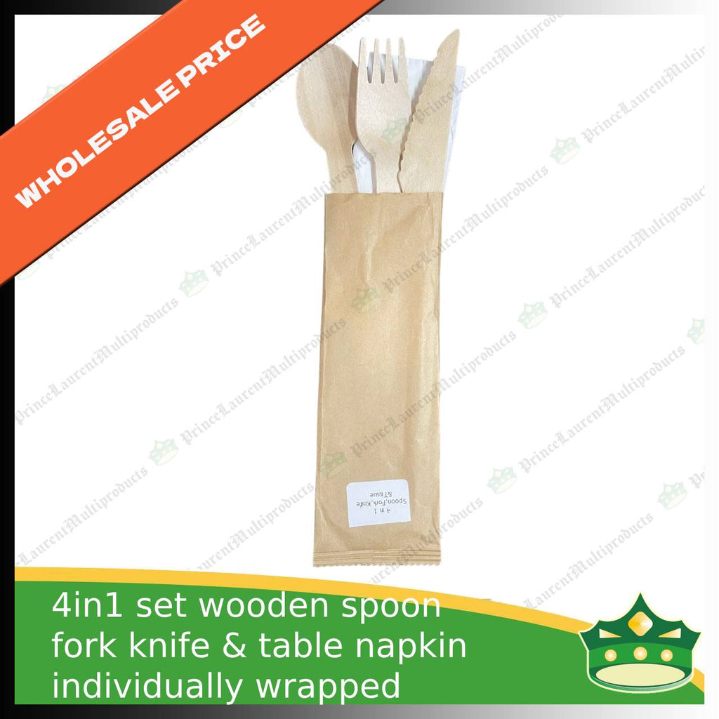 [1 case] 4in1 wooden spoon fork knife & table napkin paper wrapped set for easy on the go disposable cutleries