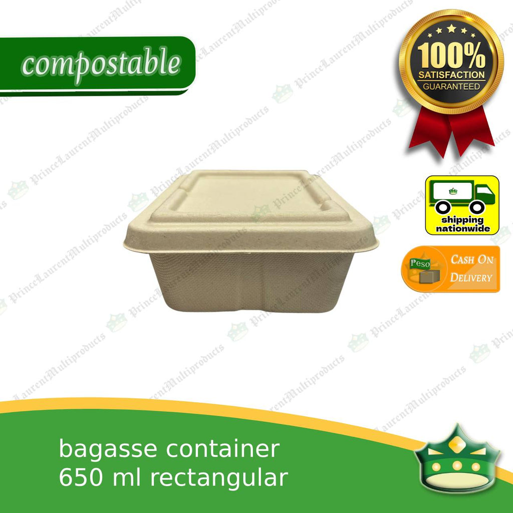 [50 pcs] bagasse rectangular container with lid 650ml, biodegradable, eco-friendly, disposable, kitchen use, household supplies.