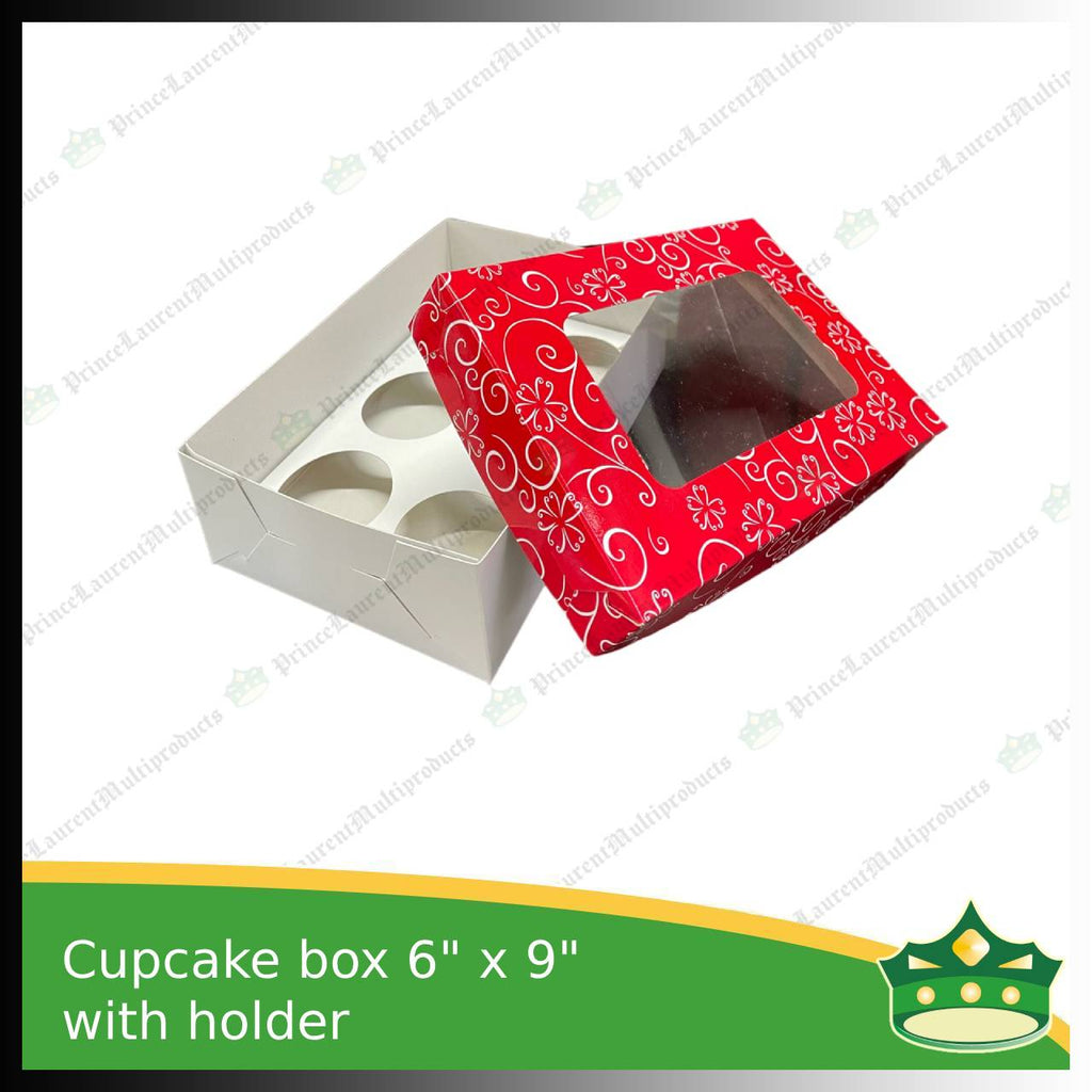 [20 pcs] cup cake holder box by 6 holes 6x9x3 inches plain red or printed ornaments