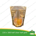 [100 pcs] standup pouch with ziplock half clear half gold 220 x 300 mm for repacking corn, peanuts, anchovies dilis, nuts, sweets, sampaloc, chicharon, snacks, baked goodies