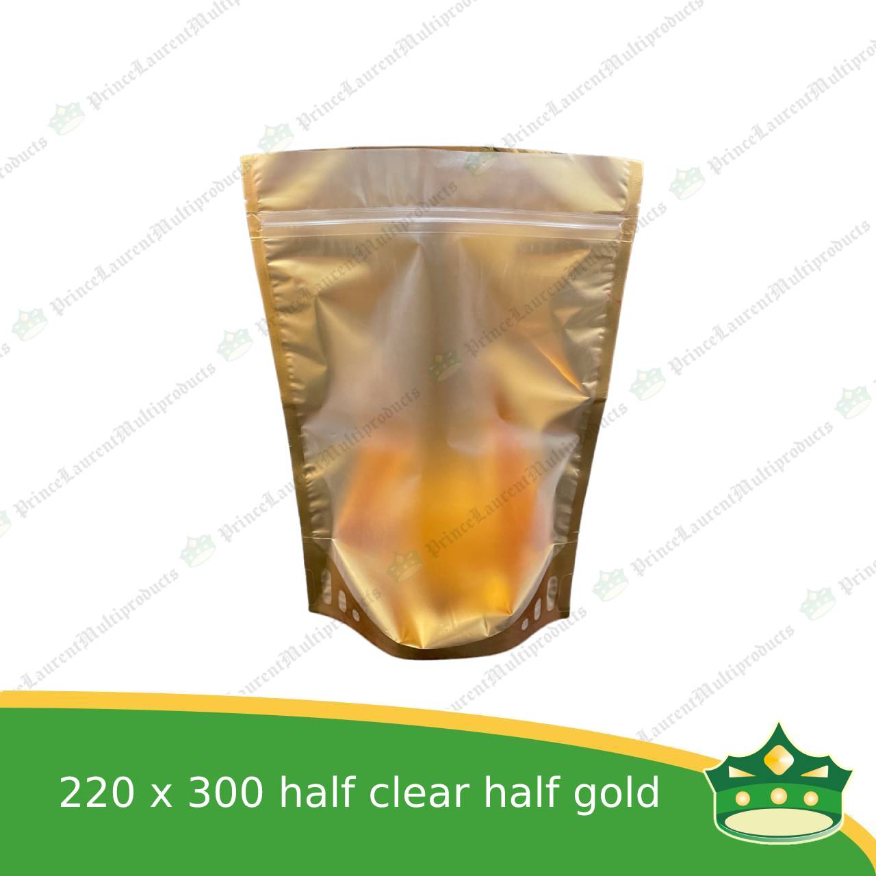 [100 pcs] standup pouch with ziplock half clear half gold 220 x 300 mm for repacking corn, peanuts, anchovies dilis, nuts, sweets, sampaloc, chicharon, snacks, baked goodies
