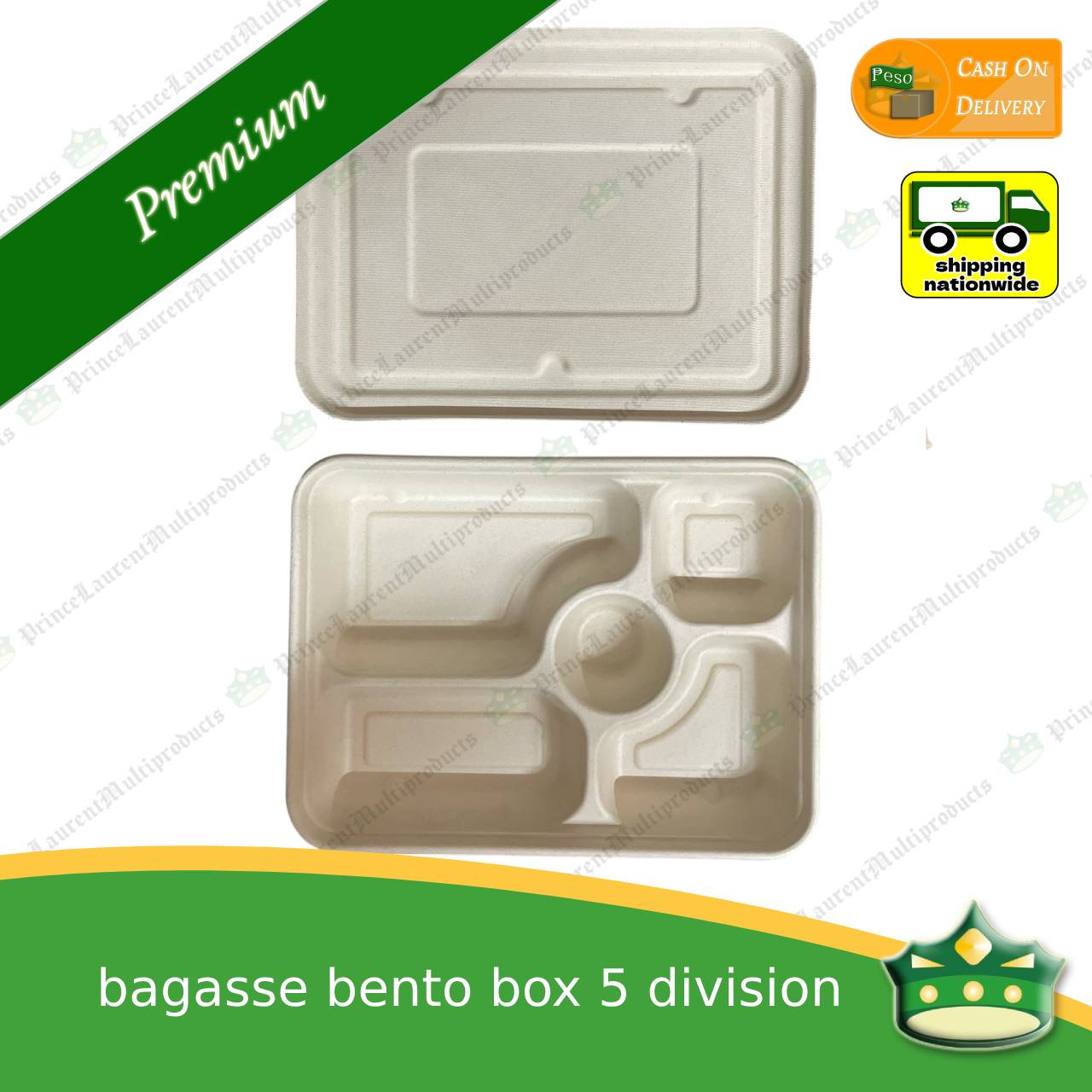[50 pcs] bagasse bento box 5 division with lid for eco-friendly alternative on food take-outs, packed meals