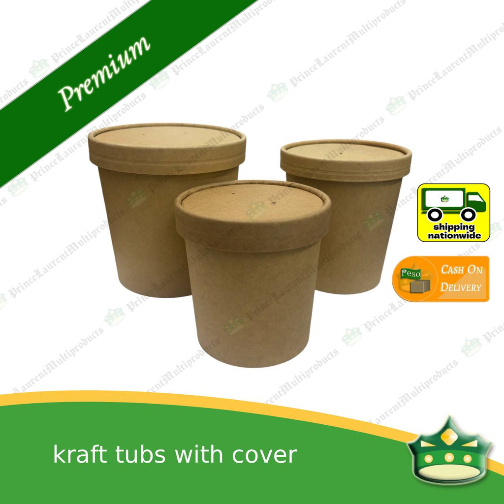 [50 pcs] kraft tub with kraft lid for take-out or paper container of ice cream. salads, meals, soup, cookies, pastries