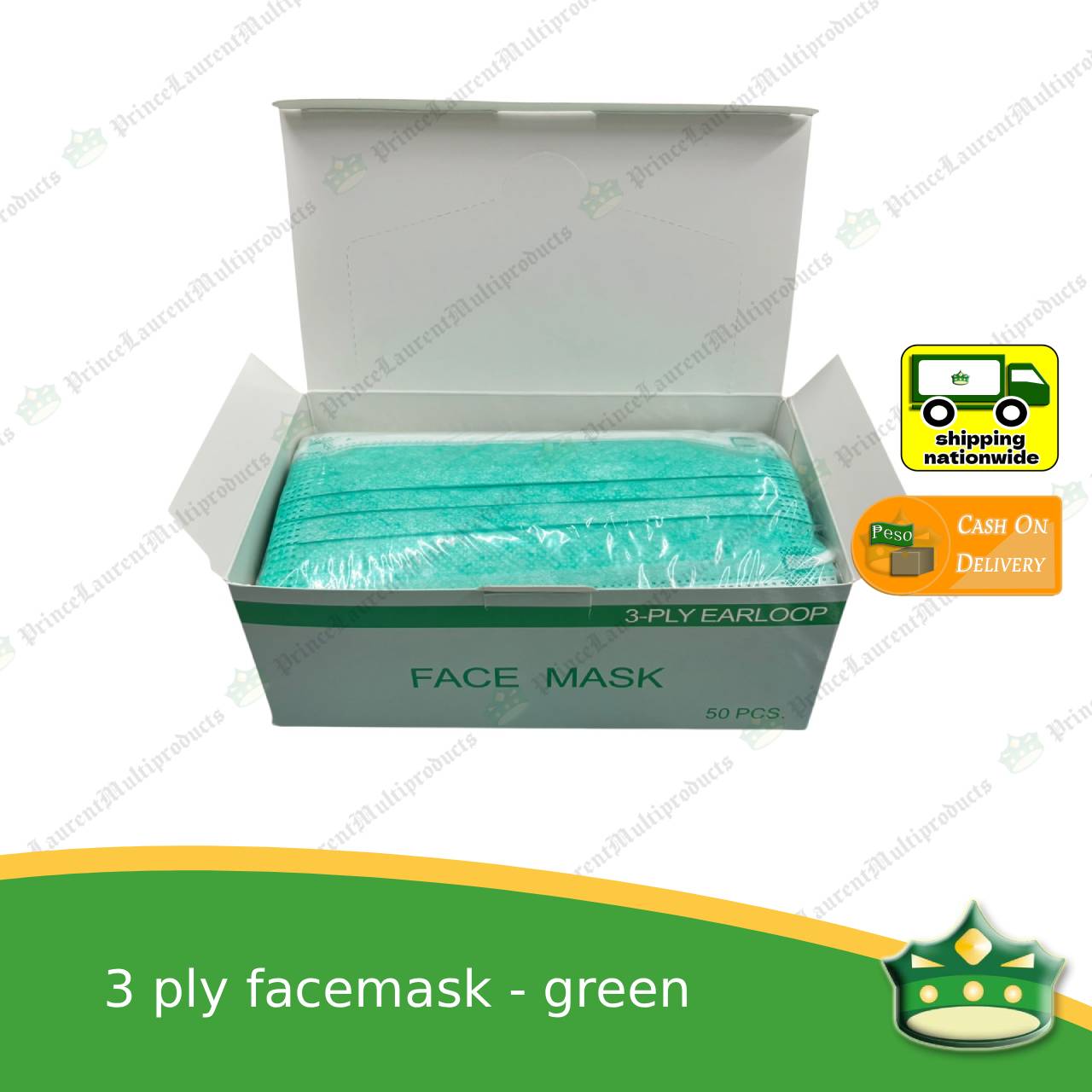 [50 pcs] Green 3-ply face mask for food service and hygiene