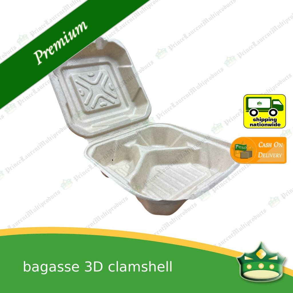 [50 pcs] bagasse 3D clamshell (3 compartment box) for takeaway meals