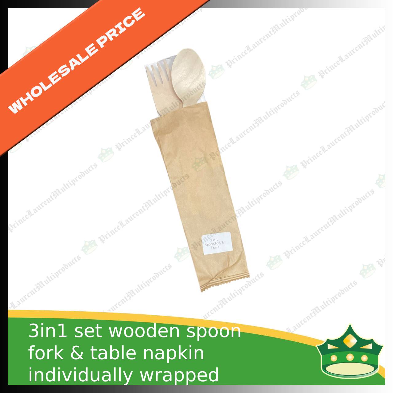 [1 case] 3in1 wooden spoon fork & table napkin paper wrapped set for easy on the go disposable cutleries