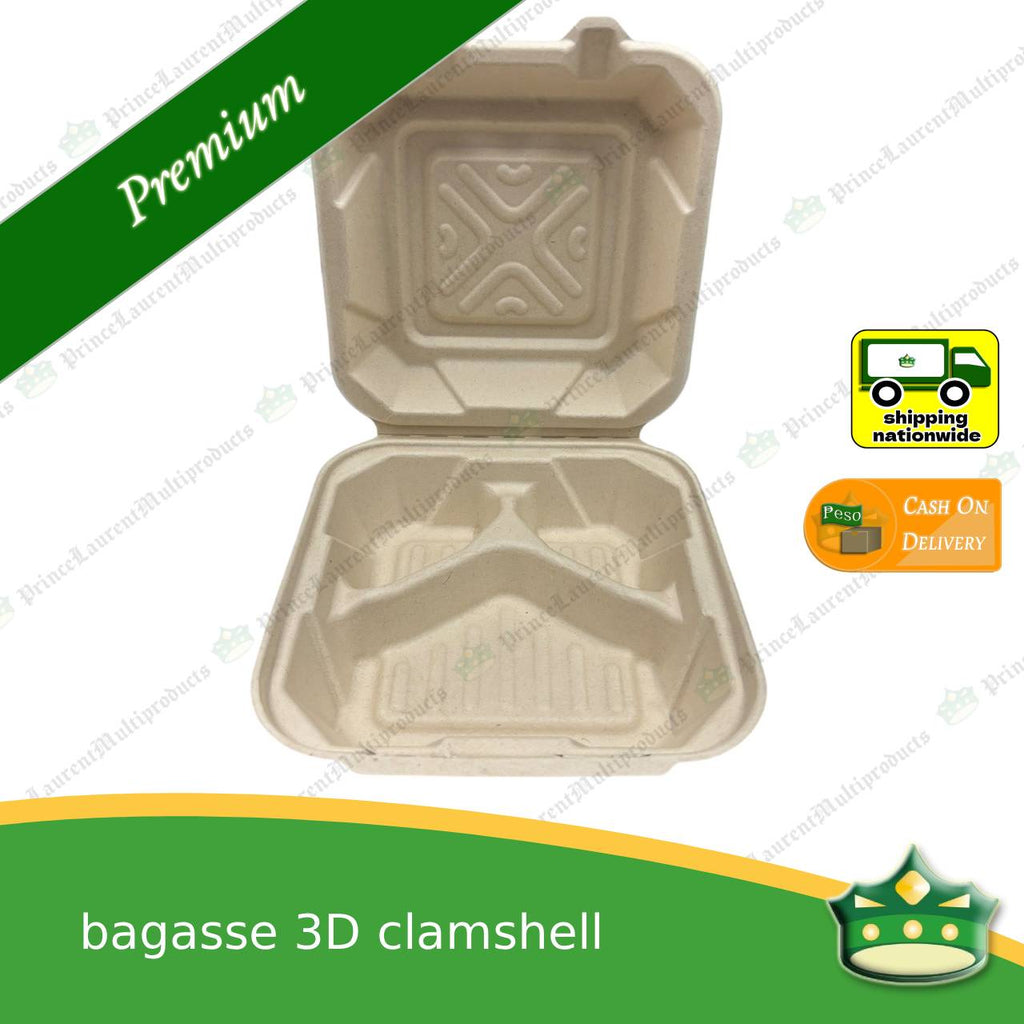 [50 pcs] bagasse 3D clamshell (3 compartment box) for takeaway meals