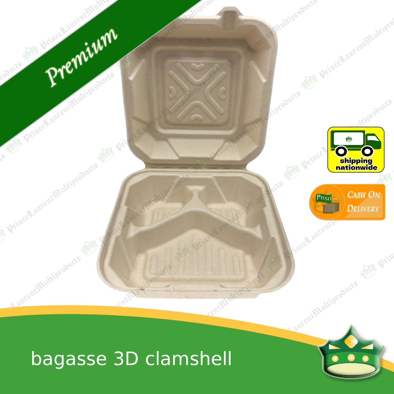 [50 pcs] bagasse 3D clamshell (3 compartment box) for takeaway meals