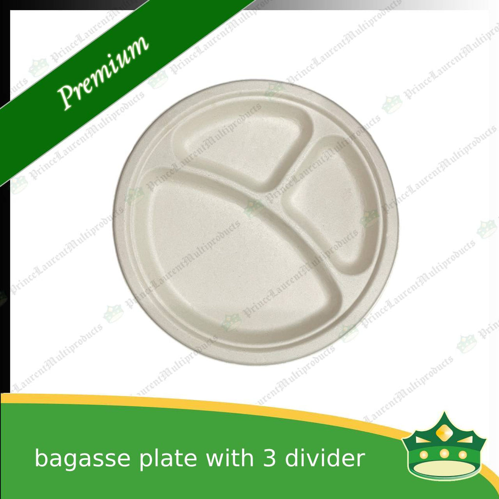 [50 pcs] bagasse 10 inch serving plate with 3 compartment compostable biodegradable plate for caterings and parties