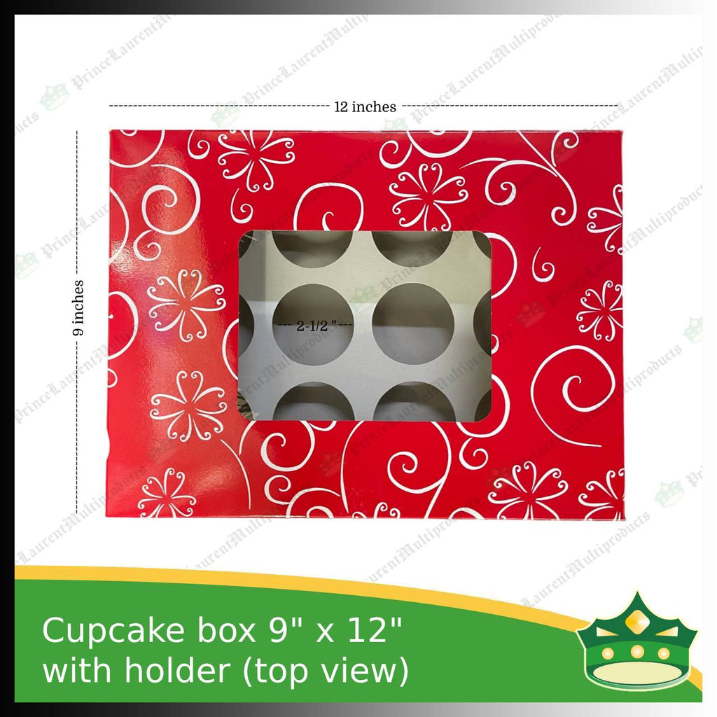 [20 pcs] cup cake holder box by 12 holes 9x12x3 inches plain red or printed ornaments