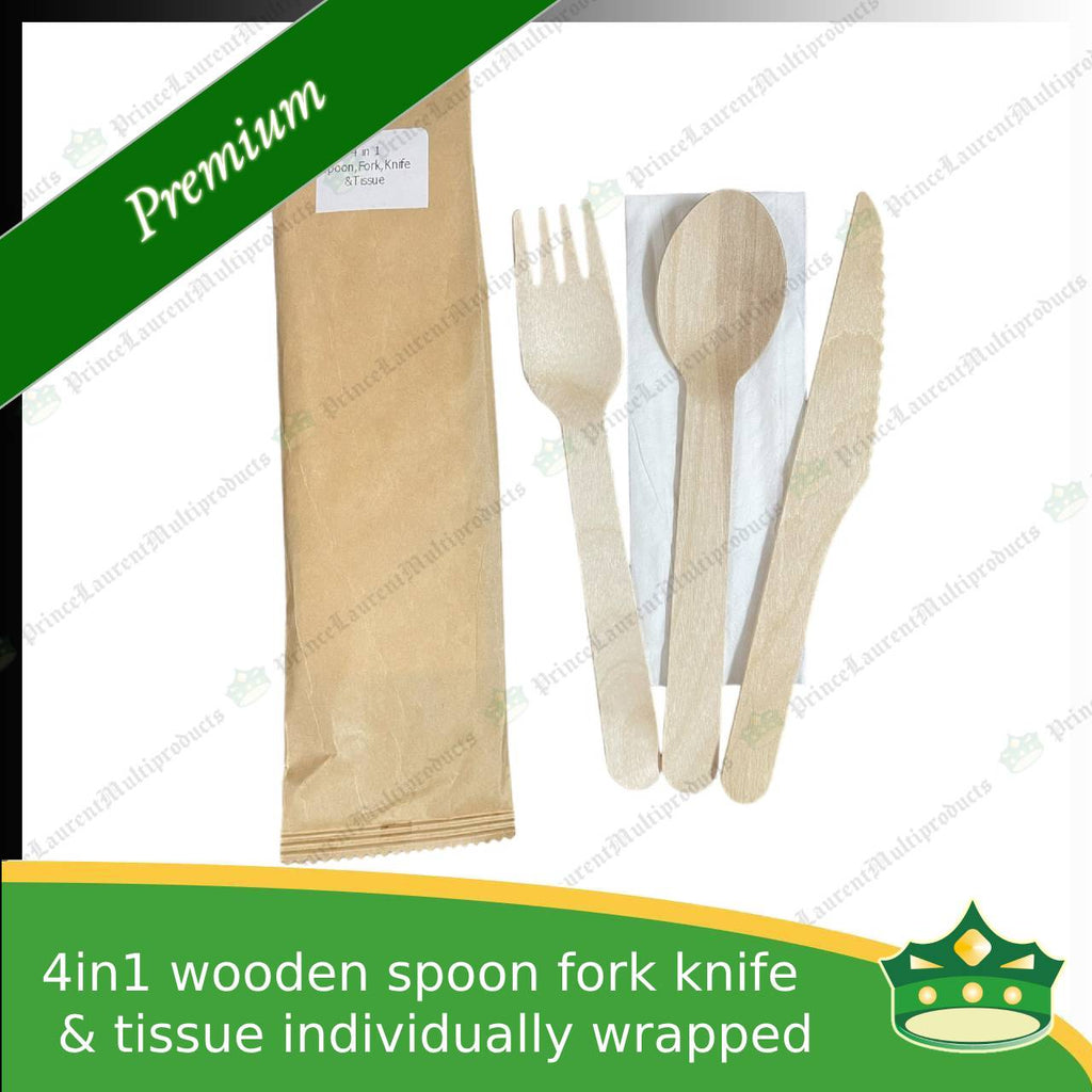 [50 sets] 4in1 wooden spoon fork knife & table napkin paper wrapped set for easy on the go disposable cutleries