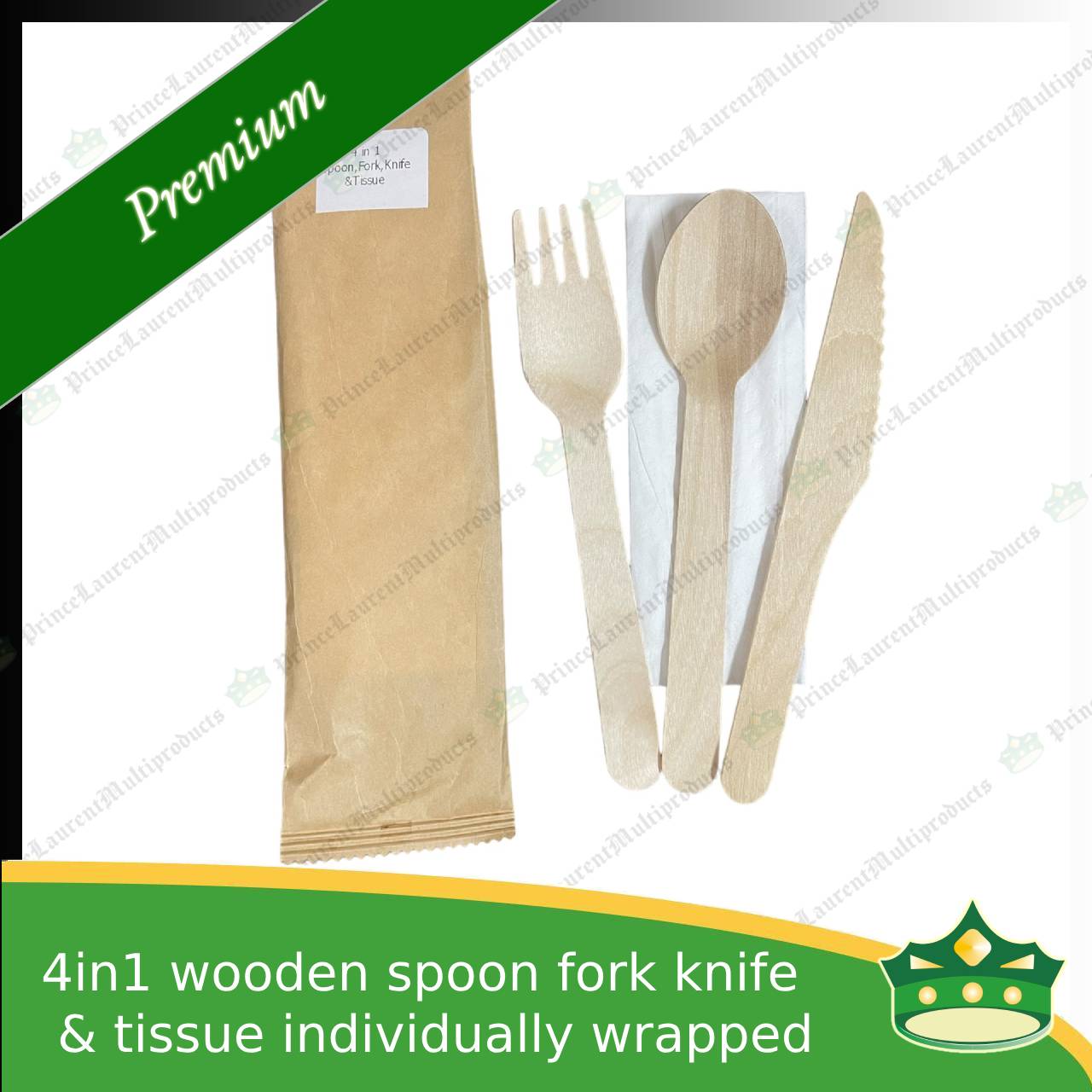 [50 sets] 4in1 wooden spoon fork knife & table napkin paper wrapped set for easy on the go disposable cutleries