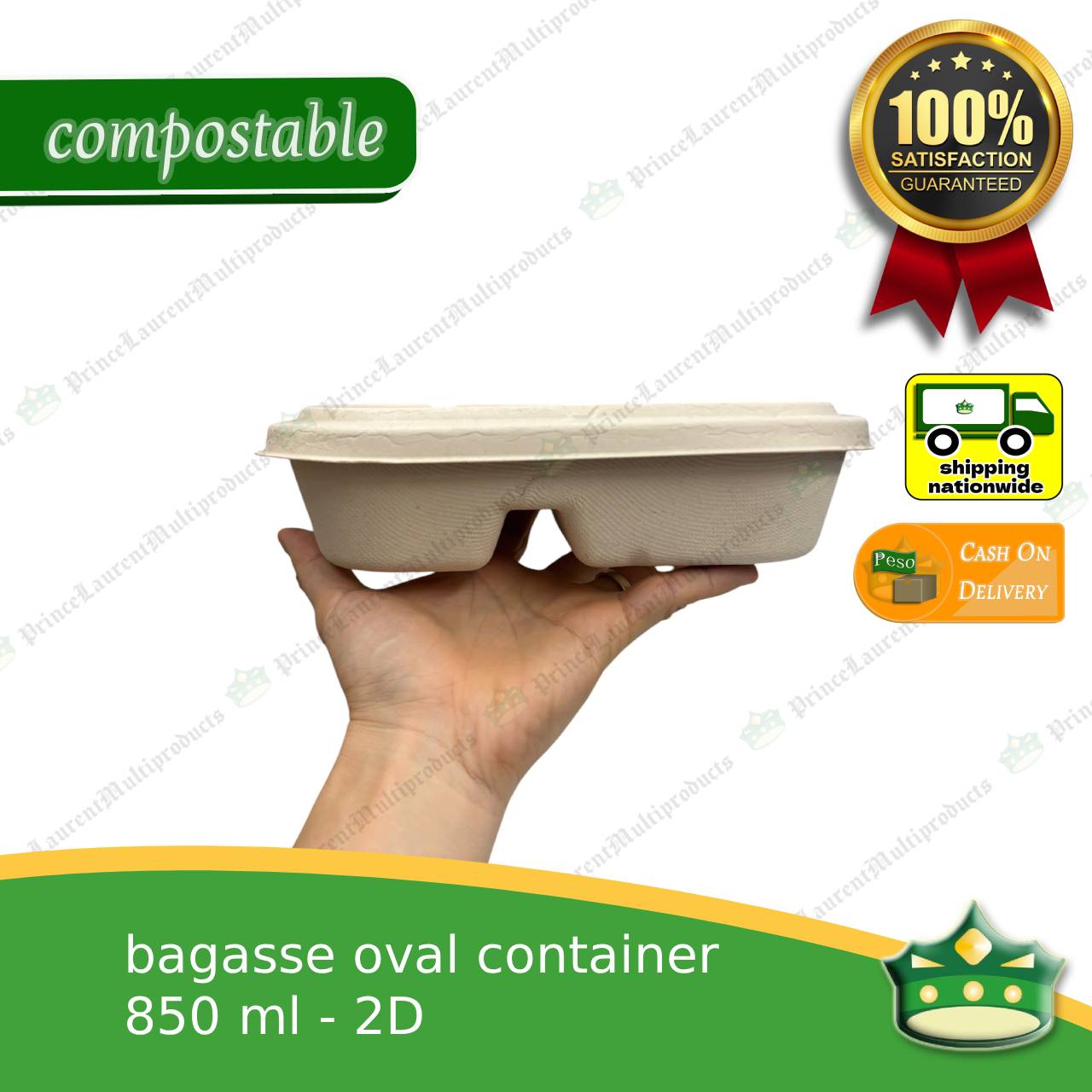 [50 pcs] bagasse 2D oval 850ml container with lid compostable biodegradable take away box
