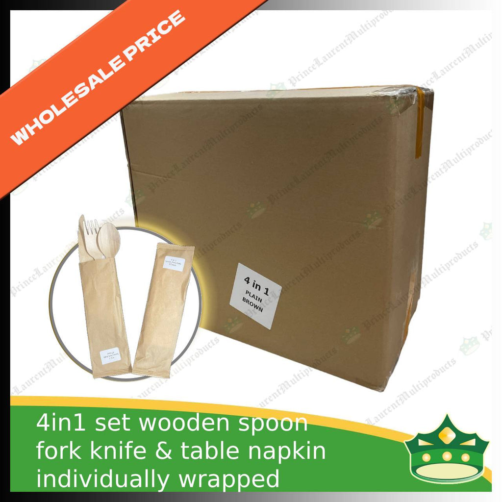 [1 case] 4in1 wooden spoon fork knife & table napkin paper wrapped set for easy on the go disposable cutleries