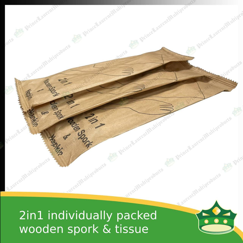 [1 case] 2in1 wooden spork & table napkin paper wrapped set for easy on the go disposable cutleries