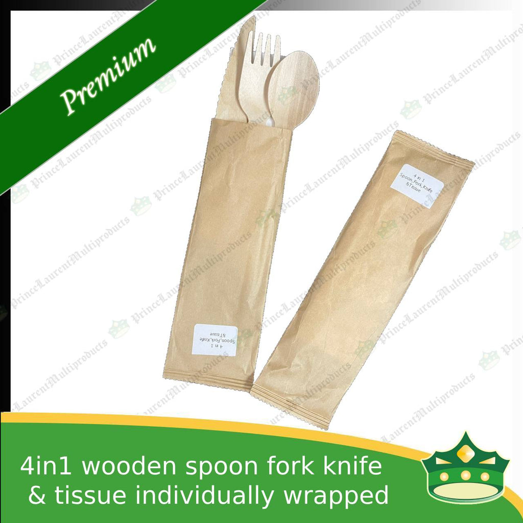 [50 sets] 4in1 wooden spoon fork knife & table napkin paper wrapped set for easy on the go disposable cutleries